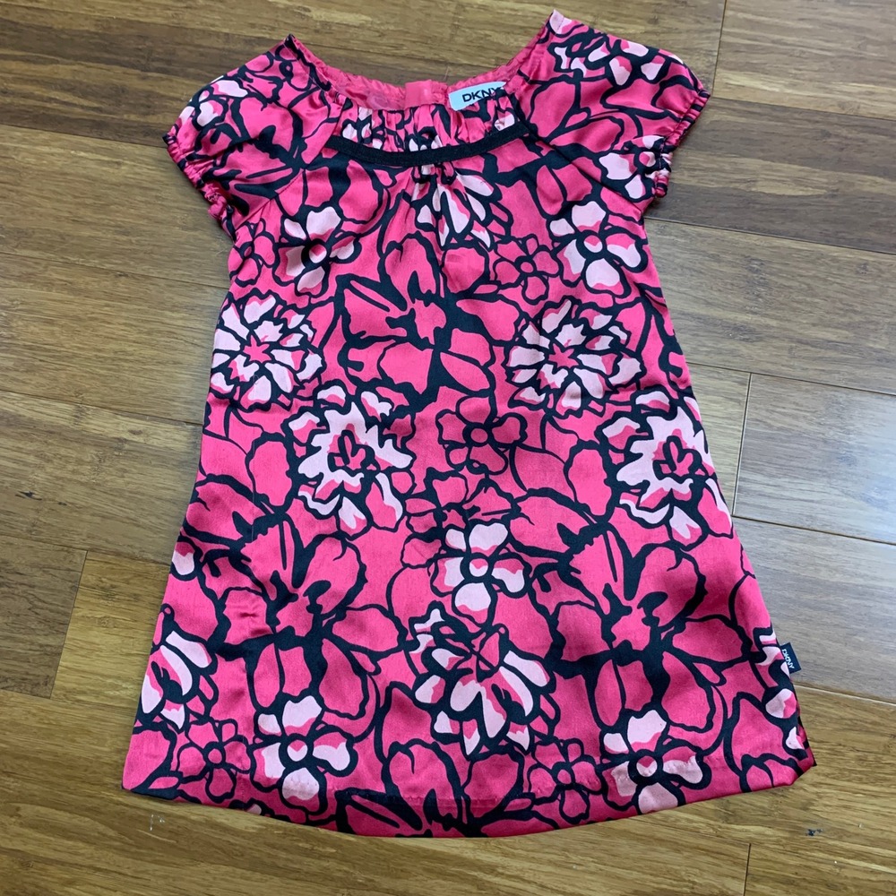 DKNY Girls Pink Floral Print Short Sleeve Dress Size 3T Satin Summer Bright